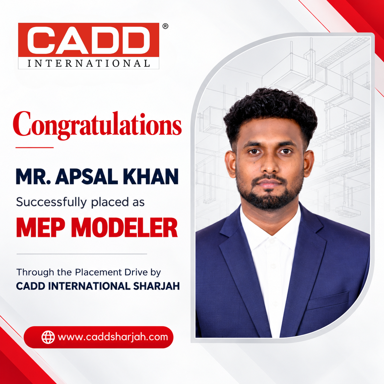 BIM MEP Modeler Placement Result - Mr. Apsal Khan - CADD International Sharjah